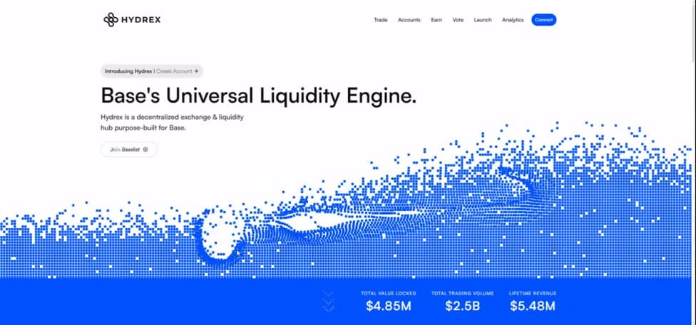 Hydrex homepage with the headline Base's Universal Liquidity Engine